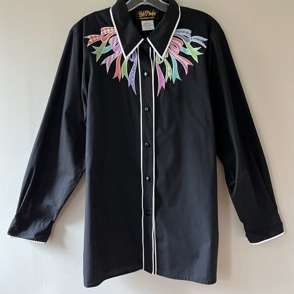 Bob Mackie Sz L Wearable Art Shirt Womens Black Embroidered Western Button Up - Picture 9 of 9